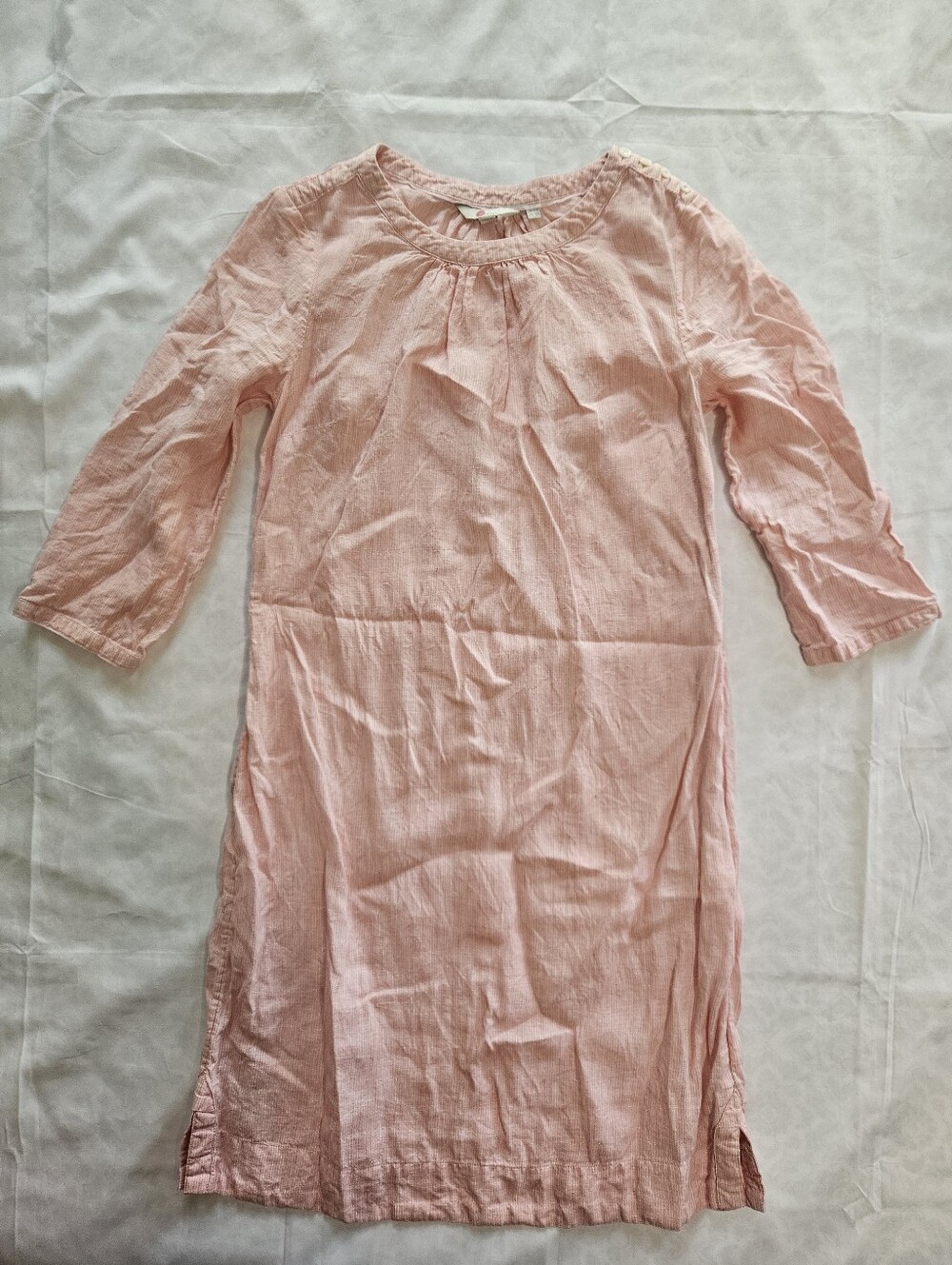 Boden Womens US 6R Pink White Striped Katie Linen Dress 3/4 Sleeve Button Neck